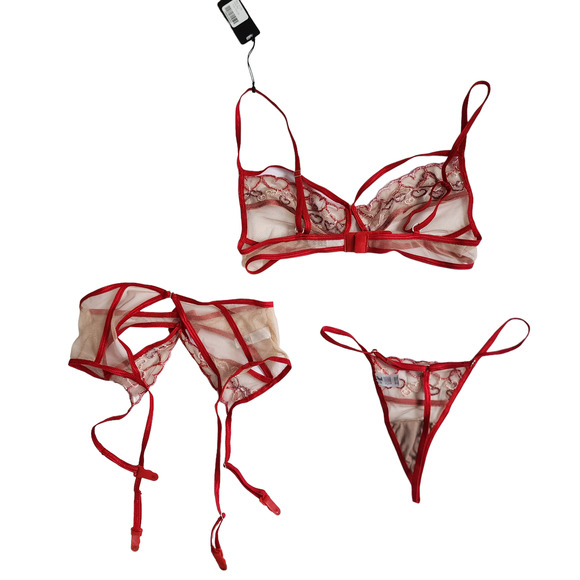 NWT Mapale Three Piece Set Red Nude Bra Thong Garter Belt Size S/M 8652 - Picture 4 of 9
